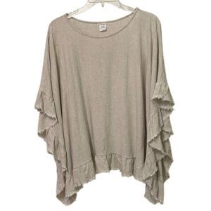 Jaw Design Tan Linen Poncho Top Blouse Womens Size L/XL Raw Hem Made in USA